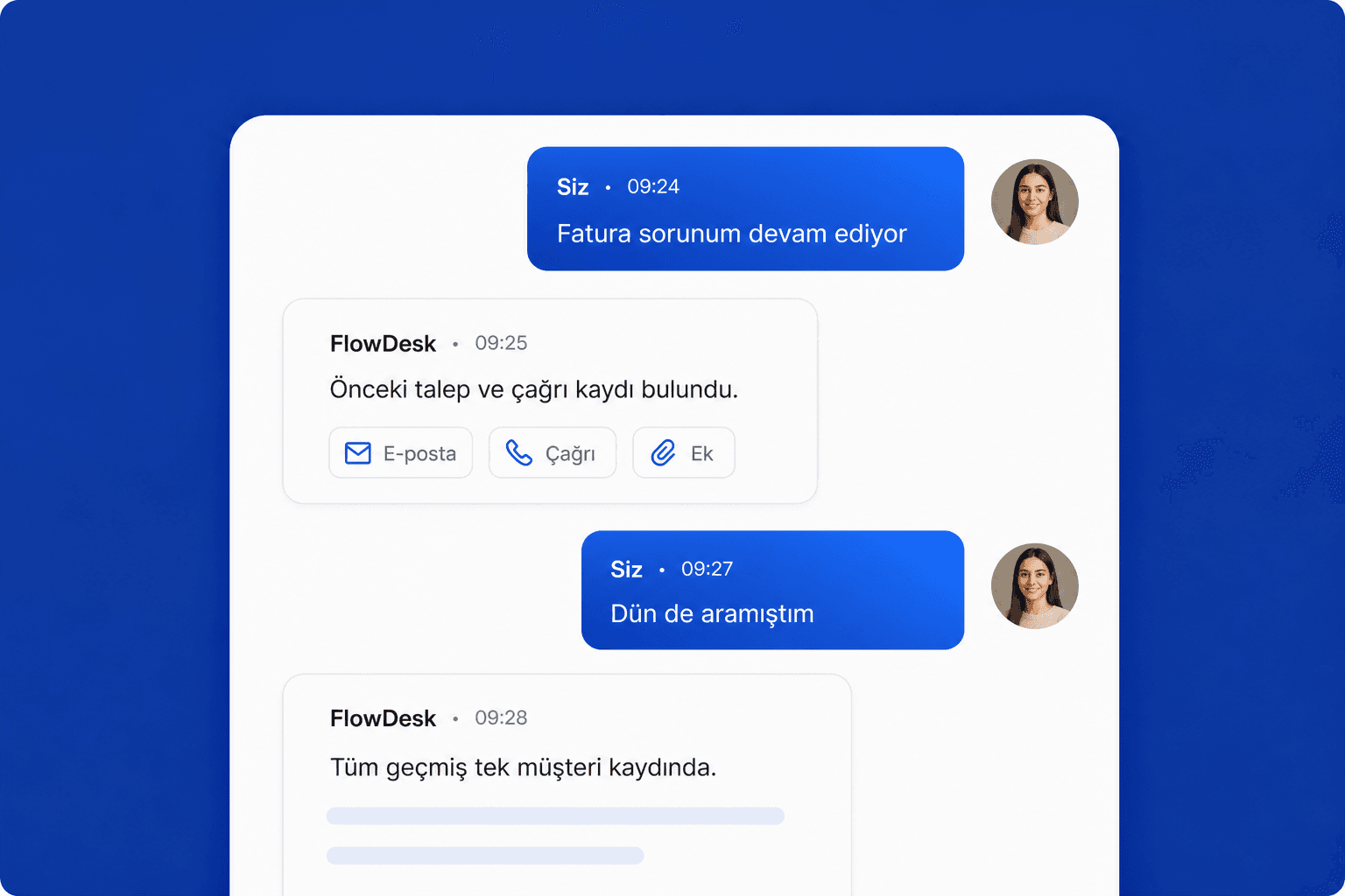 FlowDesk müşteri geçmişi paneli — geçmiş talepler ve etkileşim kayıtları